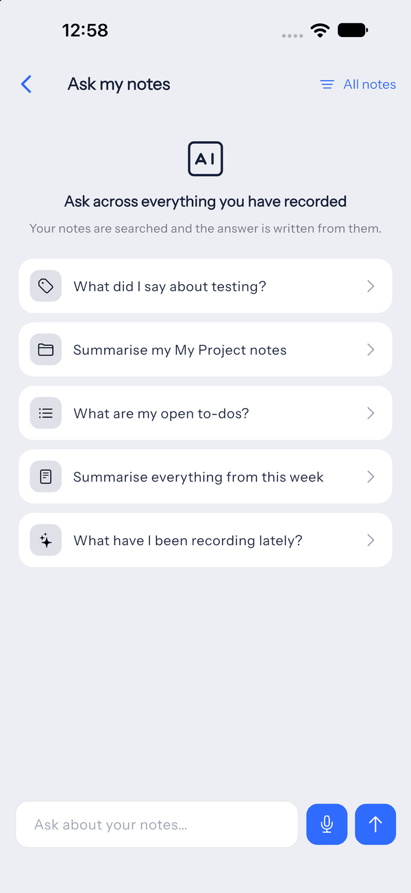 The Ask my notes screen searching across every recorded note.