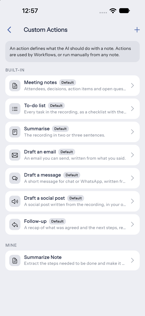 The LetsVoice custom actions screen listing saved instructions.