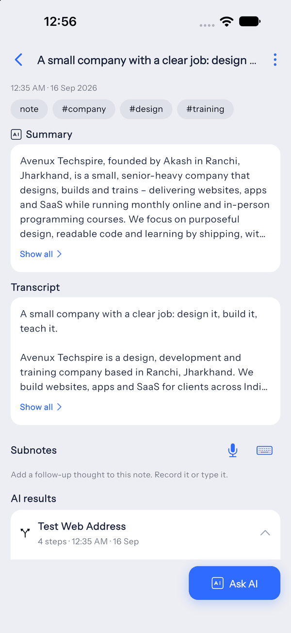 A LetsVoice note showing the summary above the full transcript.
