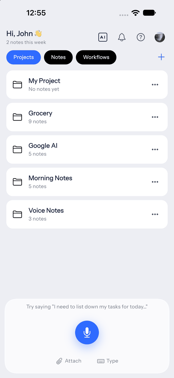 The LetsVoice projects screen with a personal and a professional project.