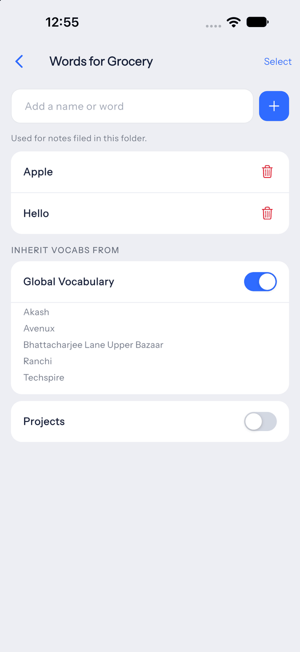 A LetsVoice folder's own vocabulary, and the lists it inherits from.